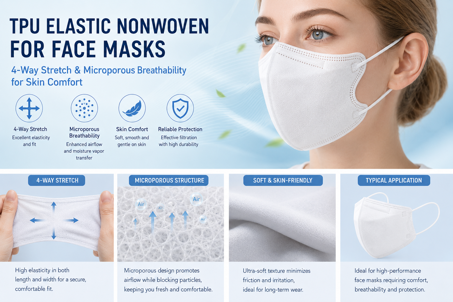 TPU Elastic Nonwoven for Face Masks: 4-Way Stretch & Microporous Breathability for Skin Comfort